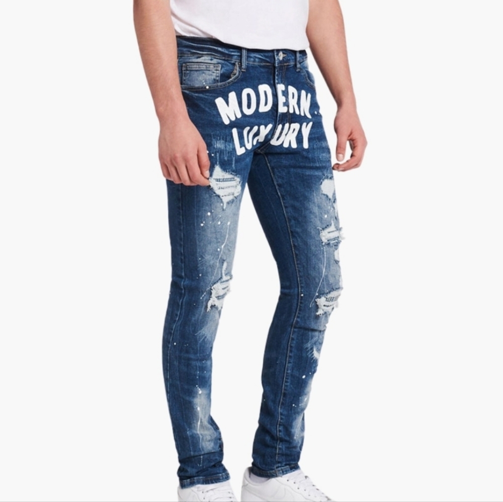 NEW Decibel Modern Luxury distressed painted graffic rhinestone skinny jeans 28